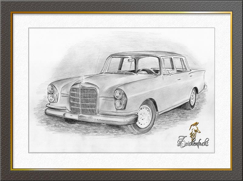 Oldtimer Zeichnungen - Bleistiftzeichnung Mercedes Benz 220SE