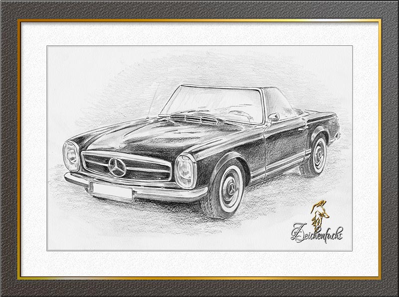 Oldtimer Bleistiftzeichnung Mercedes Benz 230 SL