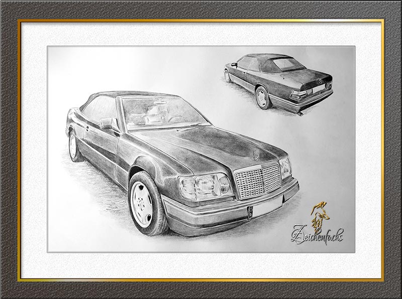 Oldtimer Bleistiftzeichnung Mercedes Benz E220
