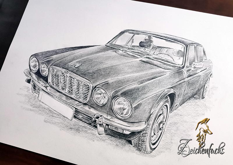 Oldtimer Jaguar XJ6 Bleistiftzeichnung